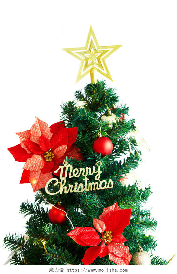 白底英文星星铃铛丝带圣诞树圣诞快乐圣诞节